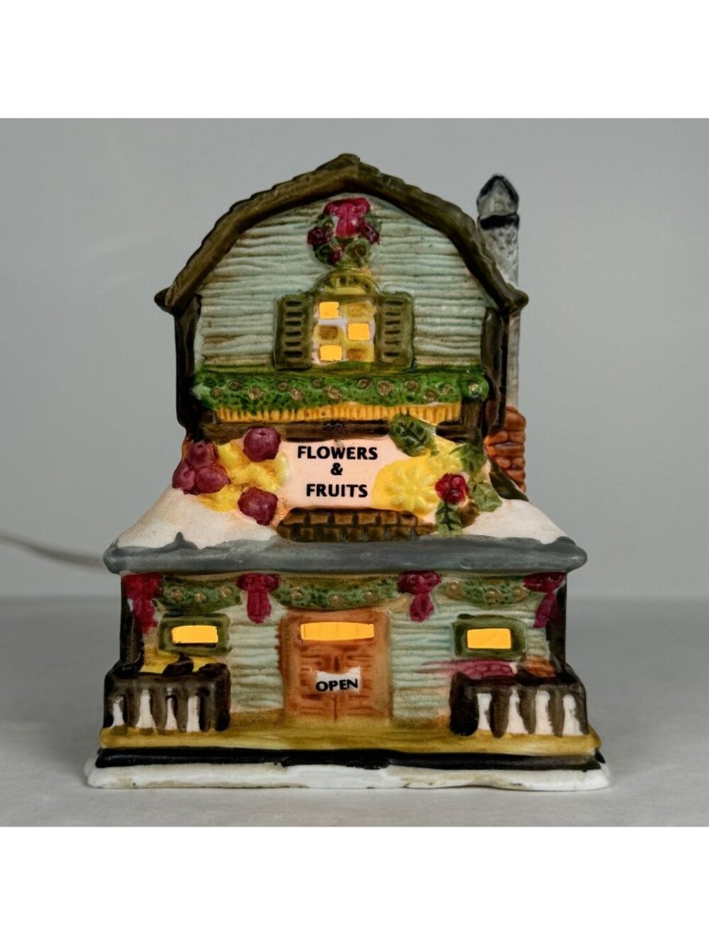 Vintage Lighted Christmas Village House Flowers & Fruits Shop 4.5" Tall Ceramic